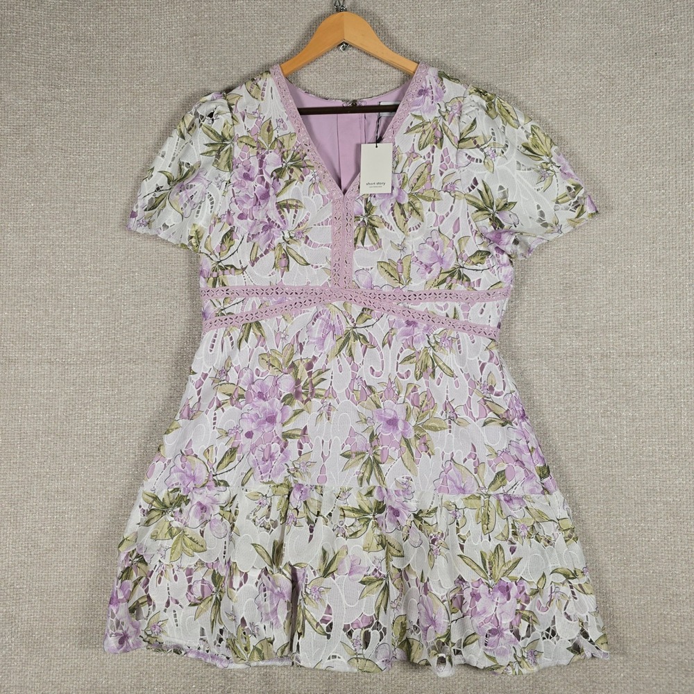 Societe Short Story Floral Eyelet Lace Mini Dress Lavender Green XLP Petite